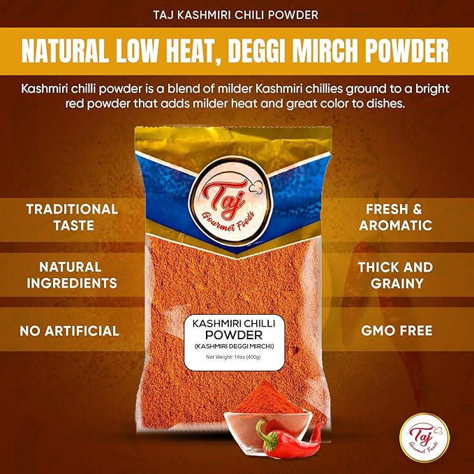 TAJ Kashmiri Chilli Powder | 14oz | Low Heat | Deggi Mirch - Salt Free All Natural