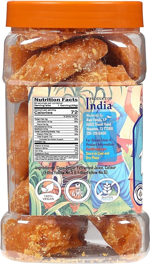 Rani Pesi Gur (Jaggery) Indian Unrefined Raw Cane Sugar 35oz (2.2lbs) 1kg PET Jar ~ Gluten Friendly
