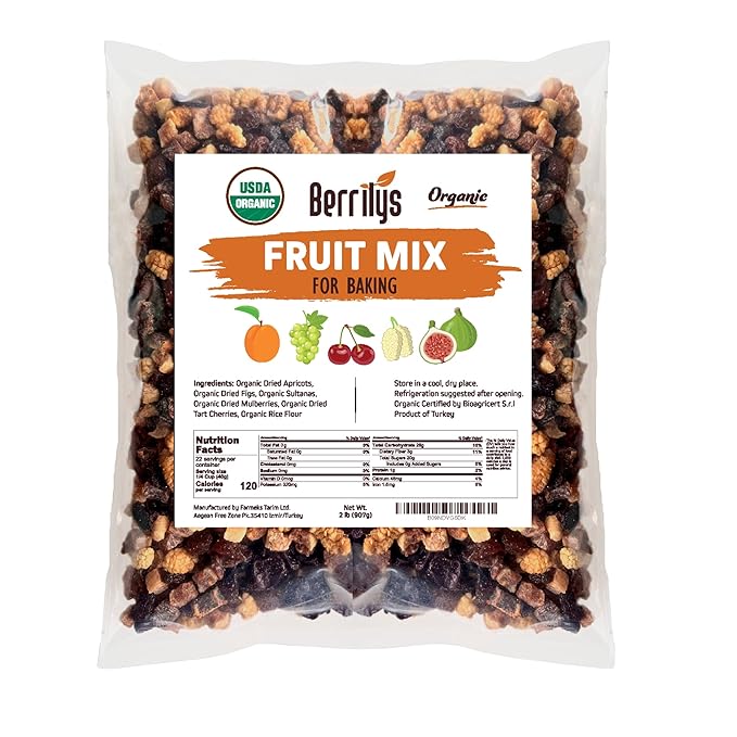 Berrilys Dried Fruit Mix, 2 Lbs, Organic, Diced Figs, Diced Apricots, White Mulberries, Sultanas