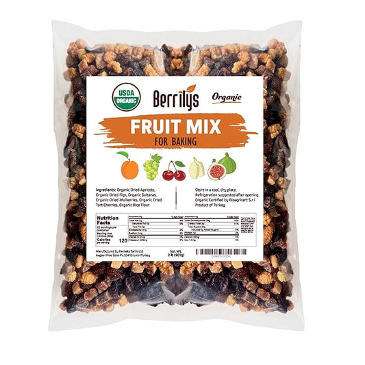 Berrilys Dried Fruit Mix, 2 Lbs, Organic, Diced Figs, Diced Apricots, White Mulberries, Sultanas