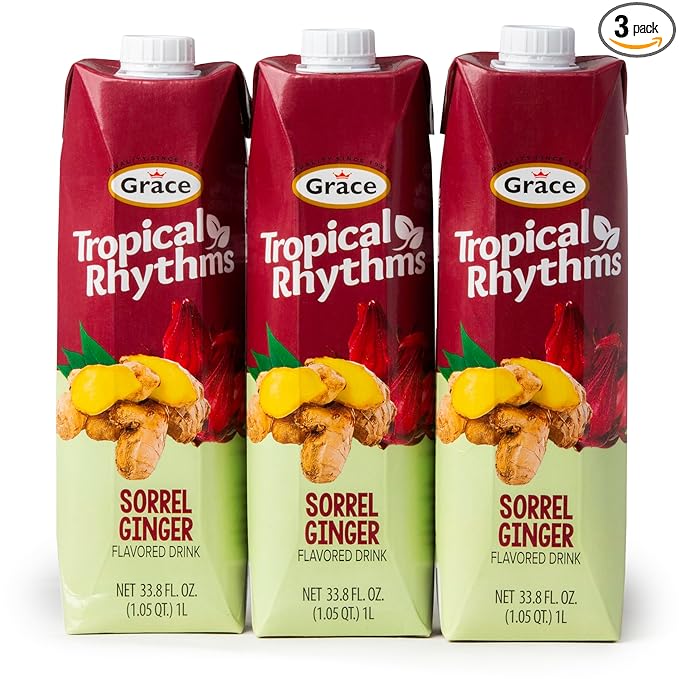 Grace Tropical Rhythms Sorrel Ginger Jamaican Fruit Juice 1 Liter (33.8oz) - 3 Cartons - Authentic
