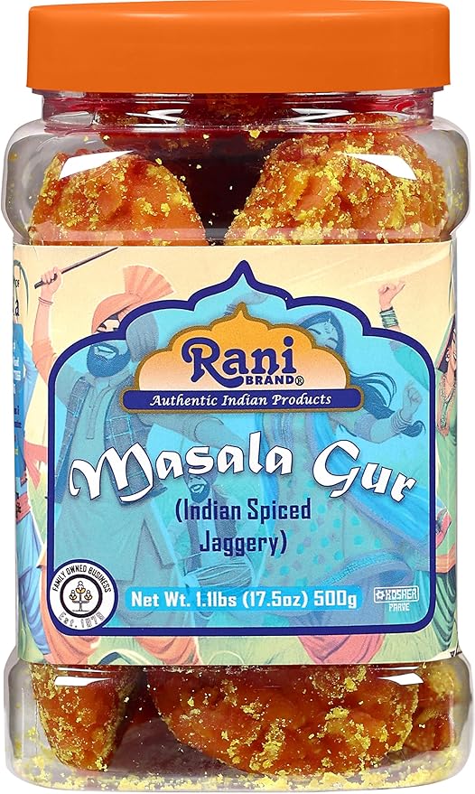 Rani Masala Gur (Jaggery) Indian Unrefined Raw Cane Sugar 17.5oz (1.1lbs) 500g PET Jar ~ Gluten