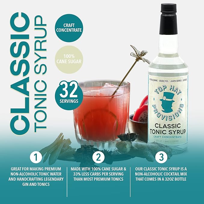 Top Hat Classic Tonic Syrup – 5x Quinine Tonic Water Concentrate – Make Tonic Water at Home – Just
