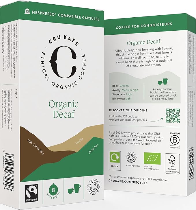 Cru Kafe Decaf USDA Organic Espresso Coffee Capsules (50 Pods) Fairtrade Coffee Pods Compatible