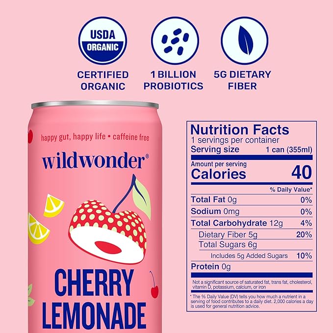 NEW! wildwonder Sparkling Probiotic Drink 12pk, For Gut Health & Immune Support, Cherry Lemonade