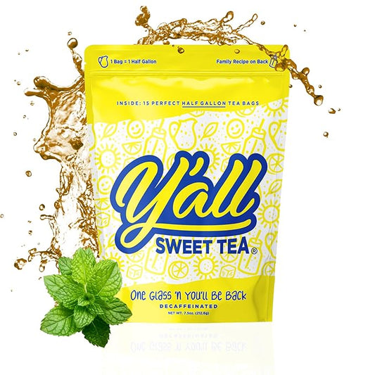 Y'all Sweet Tea - Decaf Iced Tea Bags Half Gallon Size in 7.5 Gallons Per Pack Quick Brew Authentic