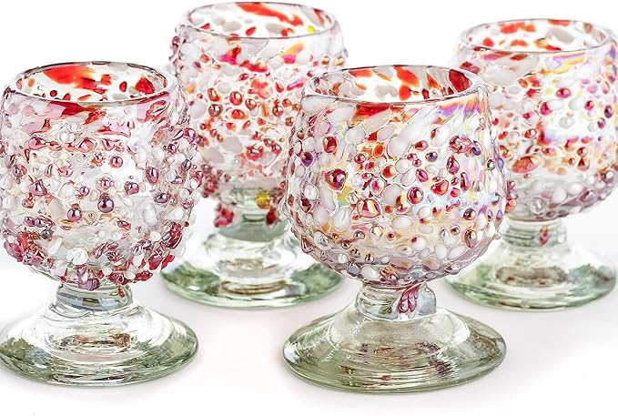 Authentic Mexican Tequila Shot Glasses (Set of 4) - Hand Blown 2oz Mini Snifters - Festive Red &
