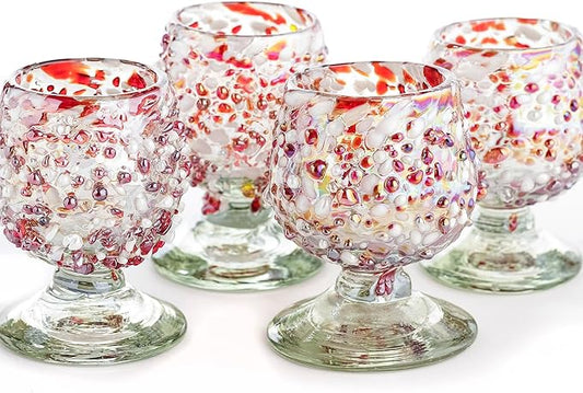 Authentic Mexican Tequila Shot Glasses (Set of 4) - Hand Blown 2oz Mini Snifters - Festive Red &