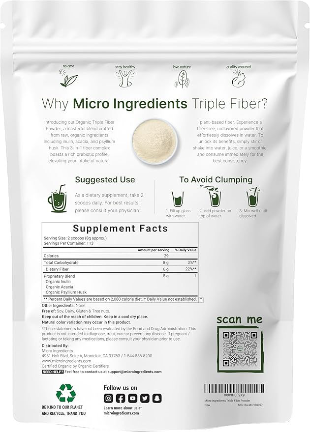 Micro Ingredients Organic Triple Fiber Powder, 2lb | Natural Prebiotic to Support Digestive & Gut