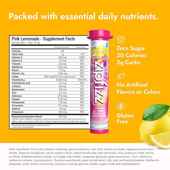 Zipfizz Daily Energy Drink Powder, Pink Lemonade, 12 Pack | 3-in-1 Sustained Energy, Rapid