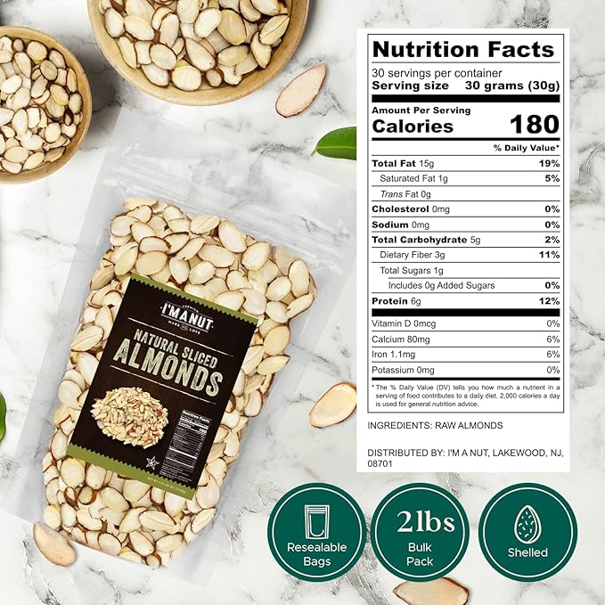 Premium Raw Unsalted Sliced Almonds 32oz (2 lb) | Superior Gourmet Quality | Batch Tested Gluten &