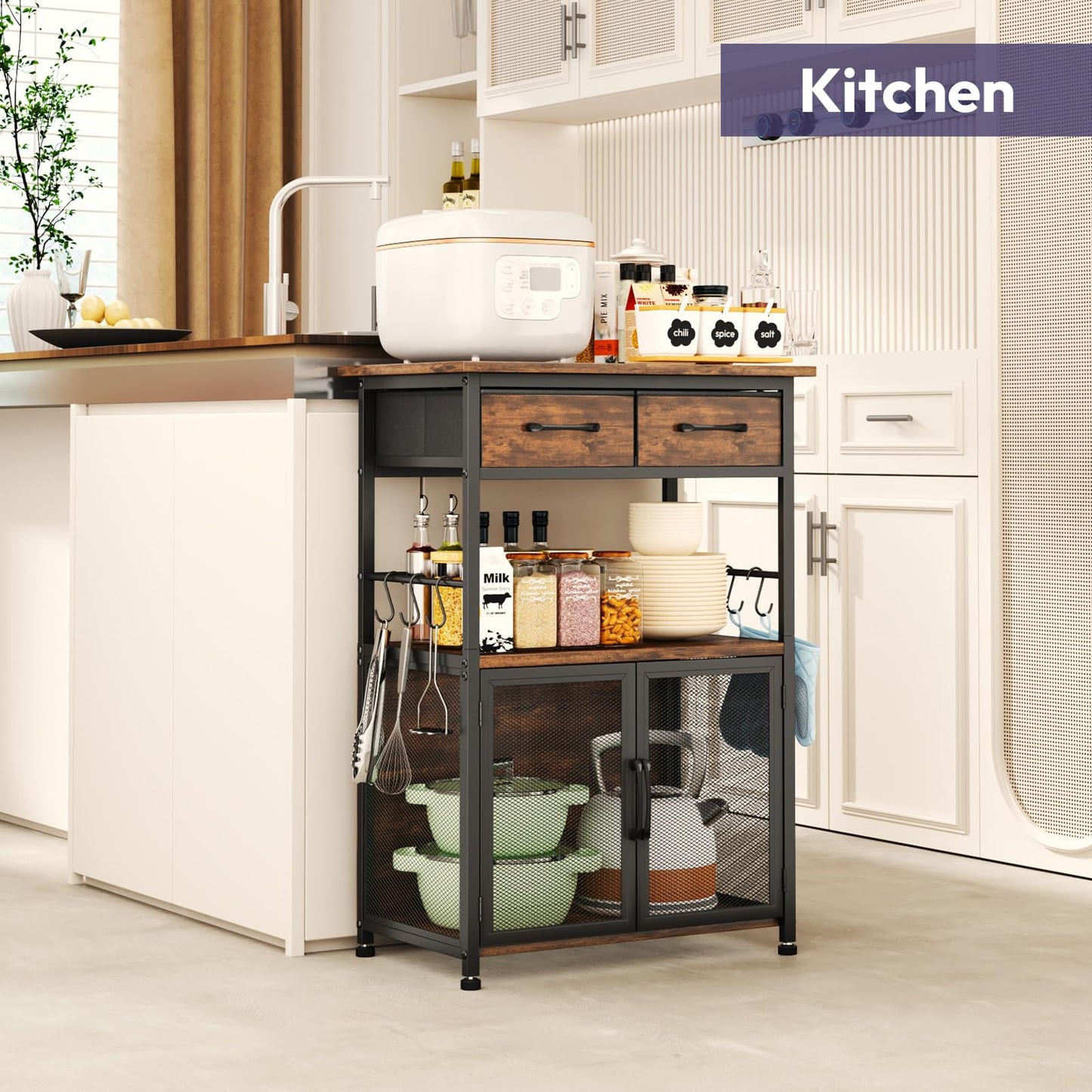 SWTYMIKI Coffee Bar Cabinet with Drawer - Coffee Stand Station with Removable Hooks, Buffet Cabinet