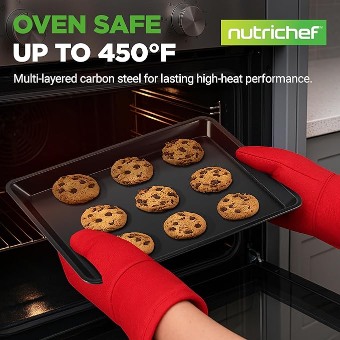 NutriChef 2-Piece Black Non-Stick Cookie Sheet Baking Tray Set - Versatile & Durable Carbon Steel