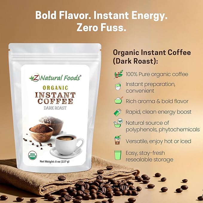 Z Natural Foods Organic Instant Coffee Powder - Rich Dark Roast Flavor, Arabica Instant Espresso