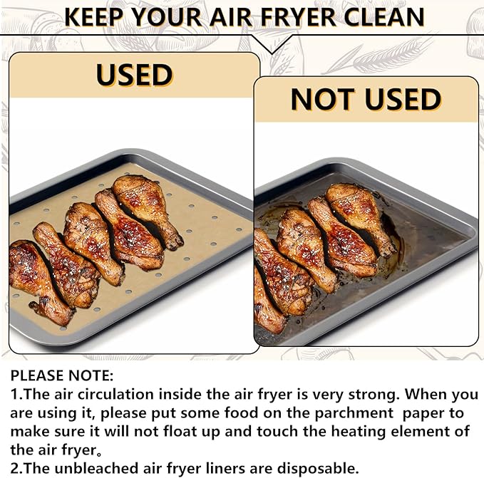 120 Sheets Air Fryer Oven Liners 11 x 12 Disposable Air Fryer Parchment Paper Liners Rectangle Non