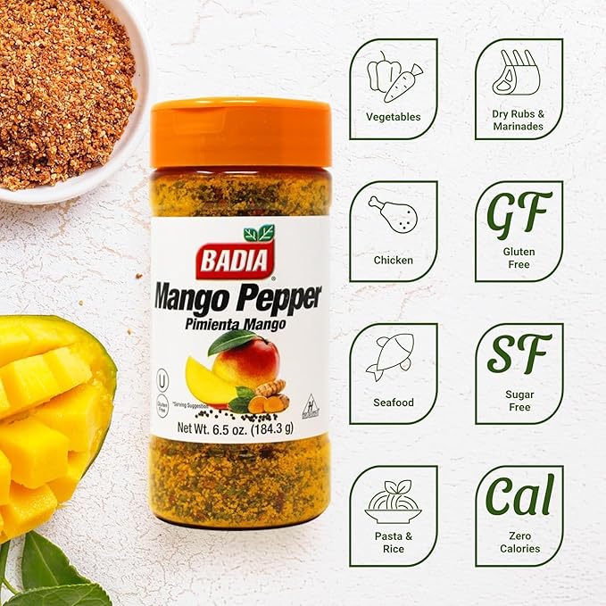 Badia Mango Pepper Seasoning, 6.5 oz - Sweet & Zesty Citrus Pepper Blend for Chicken, Seafood &