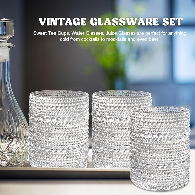 Set of 4 Vintage 12 oz Crystal Glasses, Old Fashioned Glass Cups for Water, Juice, Coffee, and Beer
