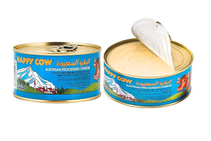Happy Cow Halal Austrian Processed Cheese 12 OZ (340g) Easy Open Can, Rich Cheddar Flavor, Long