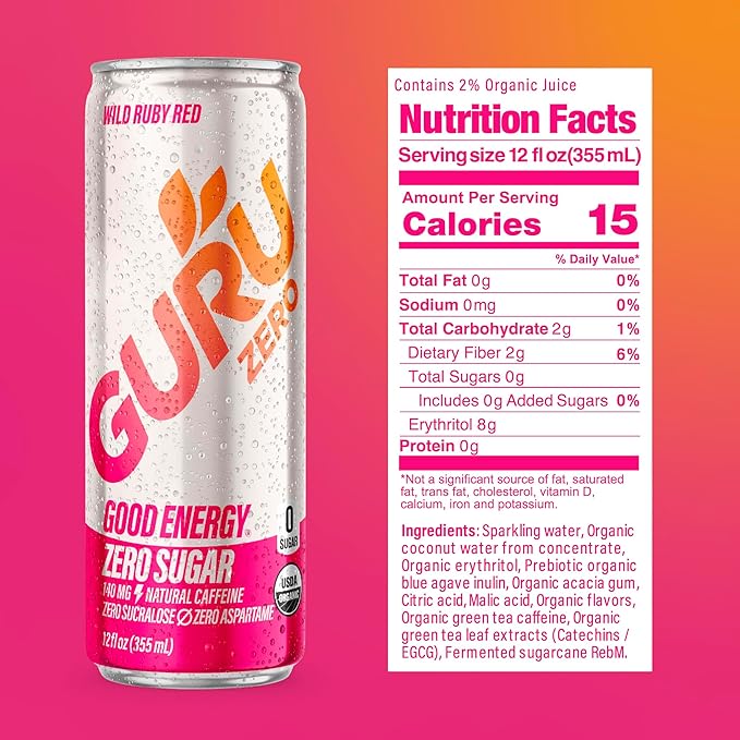 GURU ZERO SUGAR Wild Ruby Red Organic Energy Drinks, Clean Energy Drink with Plant Based Natural