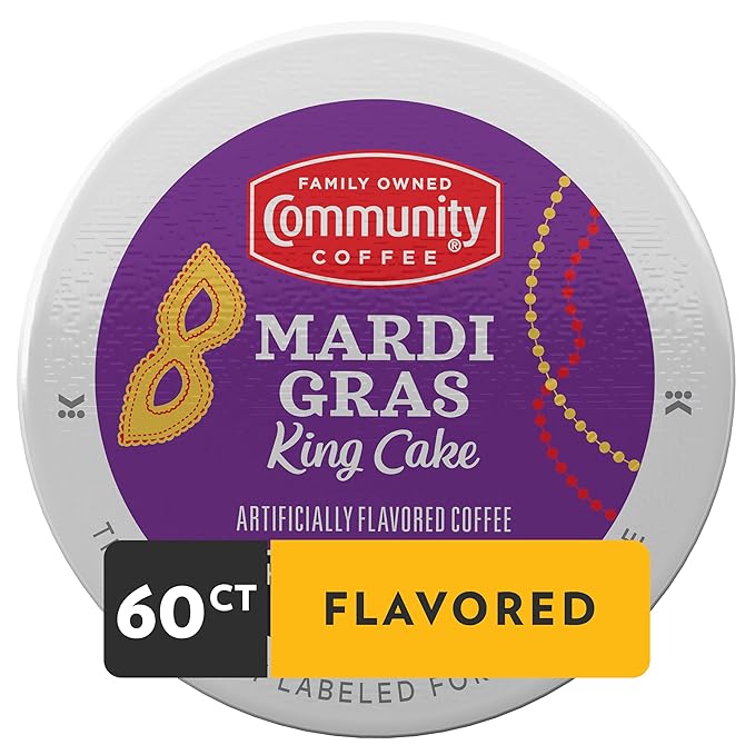 Community Coffee Mardi Gras King Cake Flavored, 60 Single-Serve Keurig K-Cup Pods, Medium Roast, 60