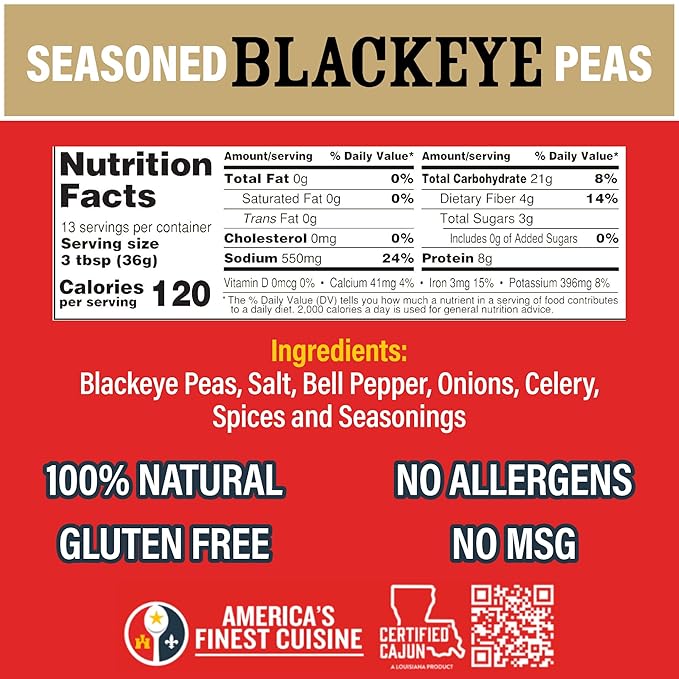 Ragin' Cajun Seasoned Blackeye Beans - 16 oz Pack, Fat-Free, Gluten-Free, Reduced Sodium