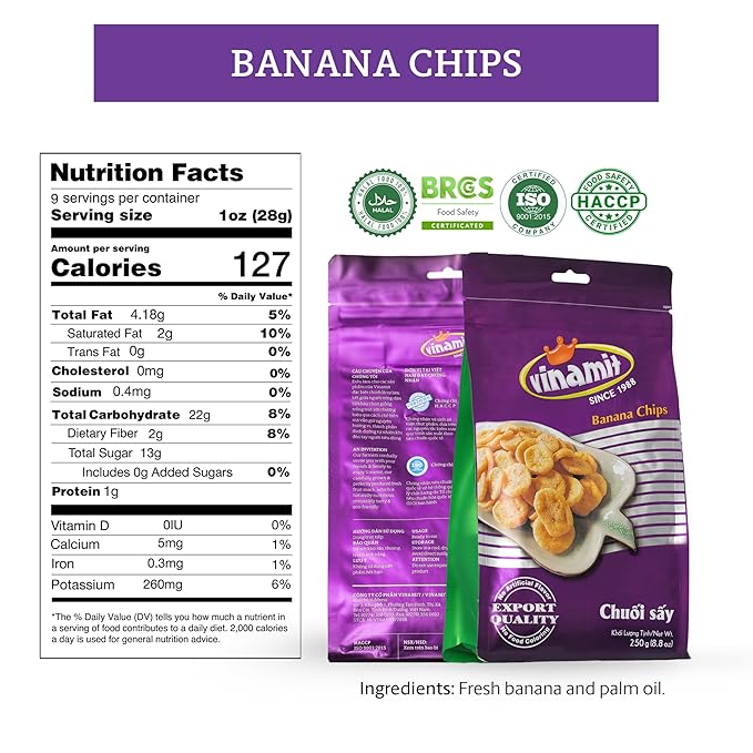Vinamit Dried Banana Chips | Unsweetened Banana Chips | 8.8 oz Bag | Naturally Sweet, Non-GMO