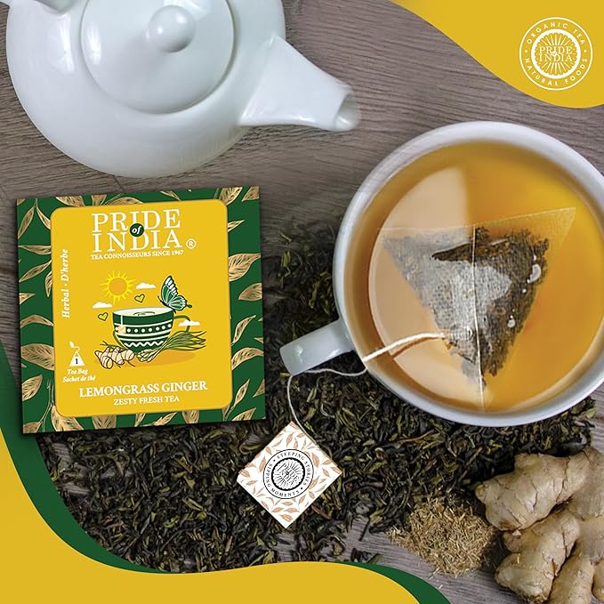 Pride of India | PACK of 6 - Lemongrass Ginger Zesty Fresh Tea | 15 Pyramid Full Leaf Individually