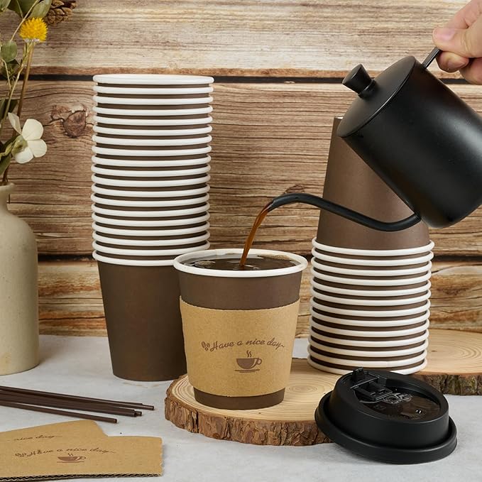 LITOPAK 100 Pack 10 oz Paper Coffee Cups with Lids, Sleeves, and Stirring Sticks for Coffee, Water