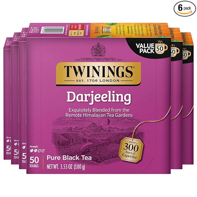 Twinings Darjeeling Black Tea Individually Wrapped Bags, 50 Count (Pack of 6), Delicate Light
