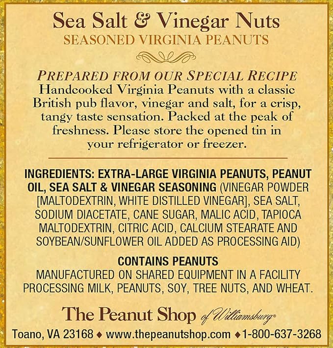 The Peanut Shop of Williamsburg Sea Salt & Vinegar Williamsburg Peanuts, Lightly Salted Handcooked