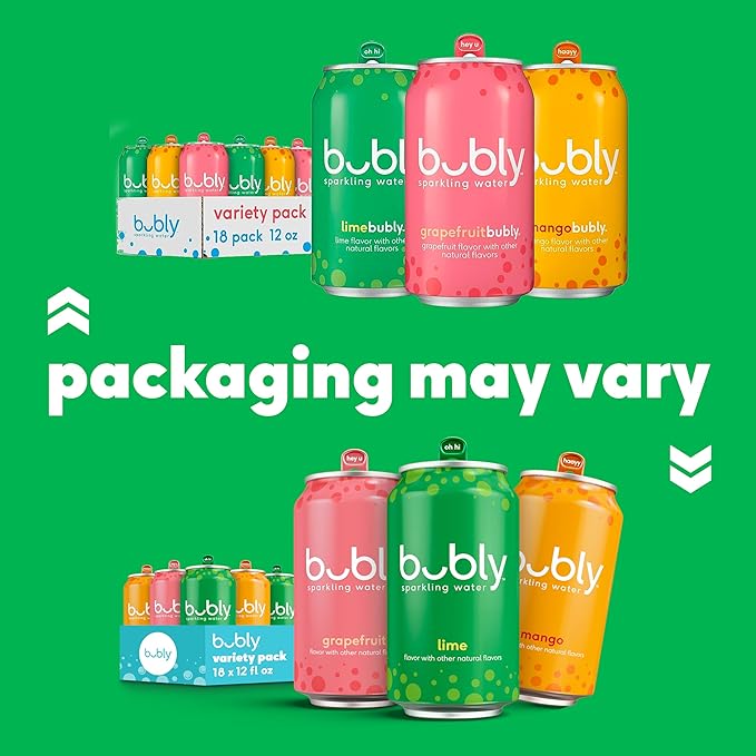 bubly Sparkling Water, Tropical Thrill 3 Flavor Variety Pack (Lime, Grapefruit, Mango), Zero Sugar