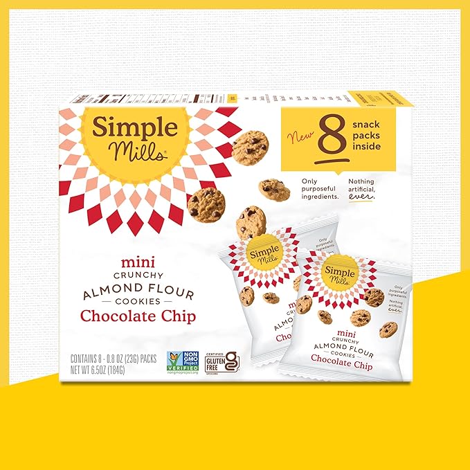 Simple Mills Almond Flour Mini Chocolate Chip Cookie Snack Packs, Gluten Free and Delicious Crunchy
