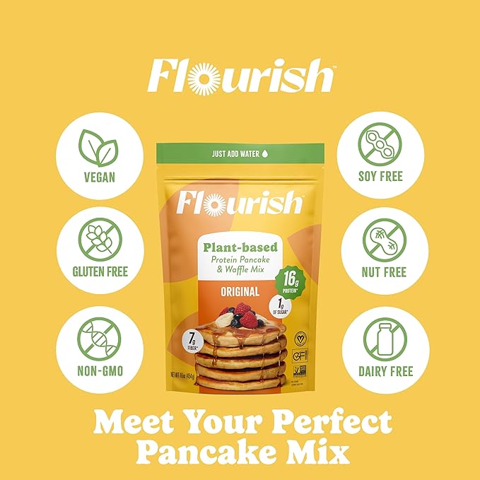 Flourish Plant-Based Protein Pancake & Waffle Mix, Gluten-Free, Dairy-Free, Nut-Free, Soy-Free