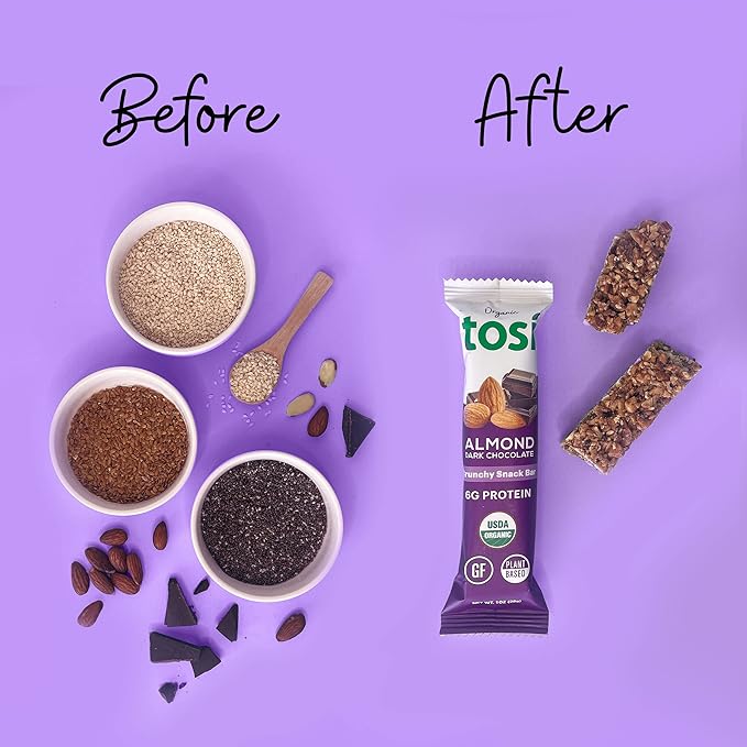 Tosi Dark Chocolate Almond Protein Bars, Plant Based with Nuts, Gluten-Free Crunchy Snacks, Vegan