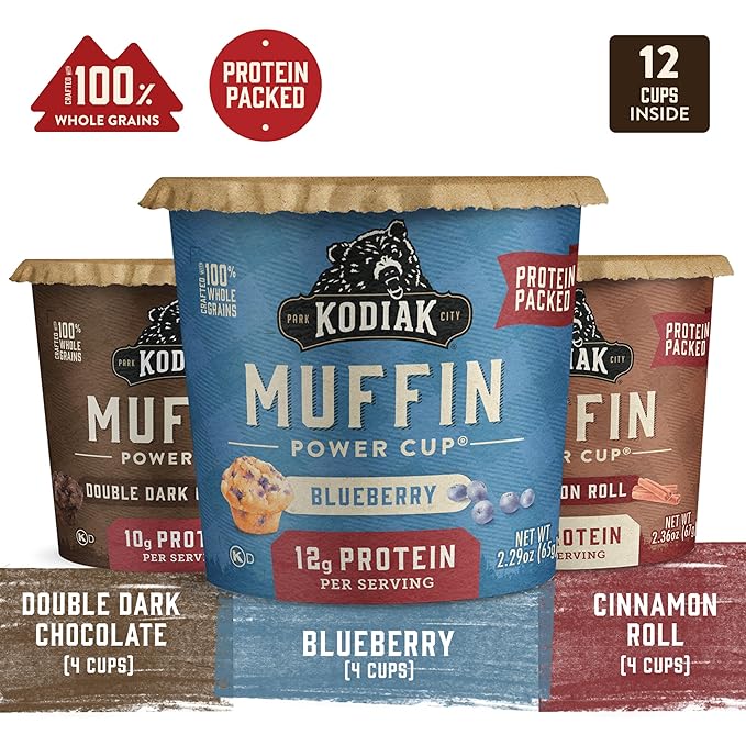 Kodiak Cakes Minute Muffin Cup Variety Pack - 100% Whole Grains, Double Dark Chocolate, Blueberry &