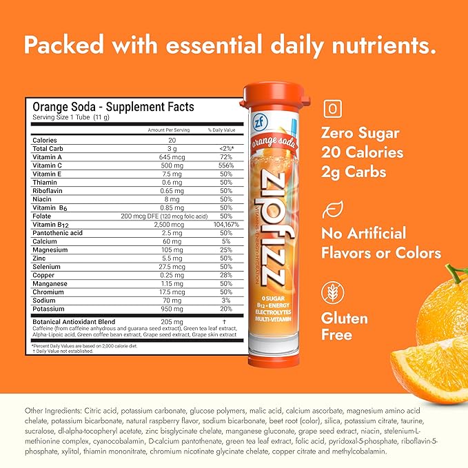 Zipfizz Daily Energy Drink Powder, Orange Soda, 20 Pack | 3-in-1 Sustained Energy, Rapid Hydration