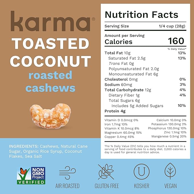 Toasted Coconut Air Roasted Whole Cashews by Karma Nuts, Lightly Sweetened, Peanut-Free Facility