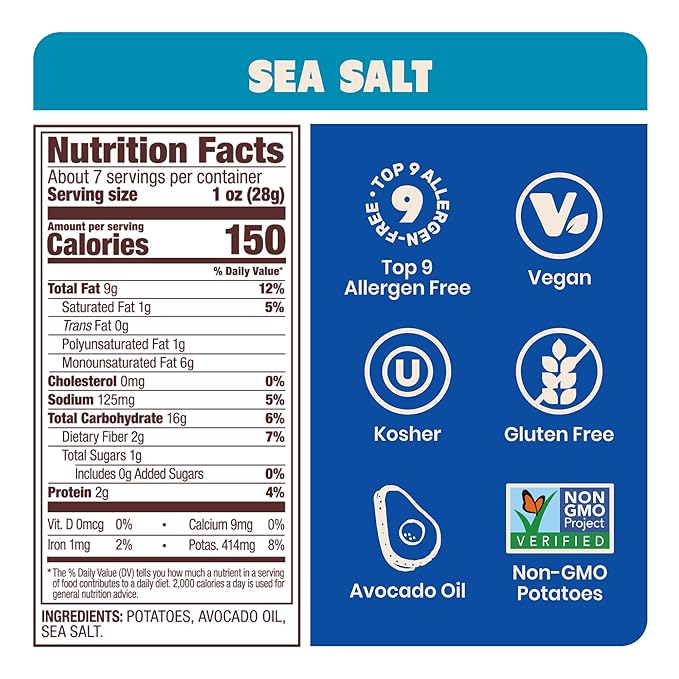 Jackson?™s Potato Classic Kettle Chips with Sea Salt (7oz, Pack of 6) - Made with Premium Avocado