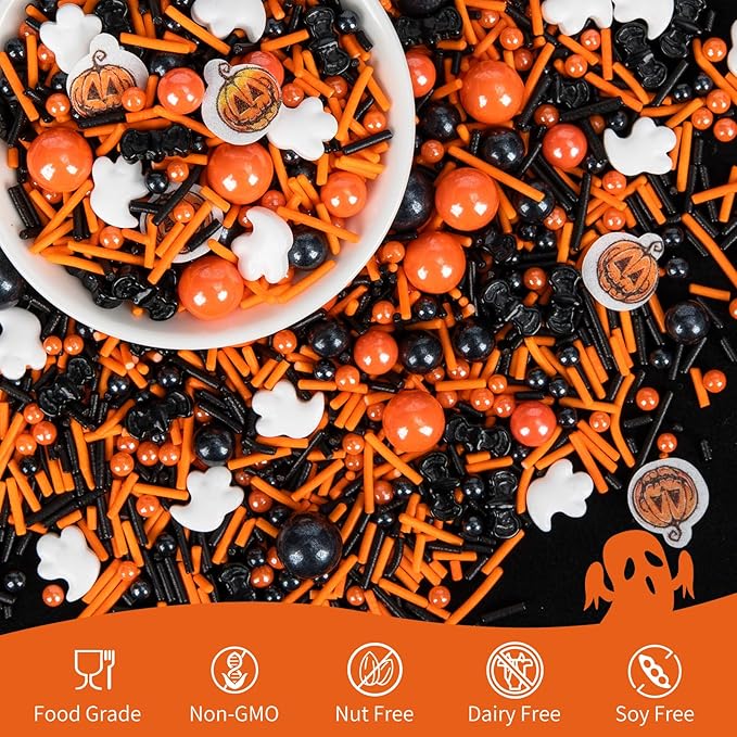 Edible Halloween Pumpkin Sprinkles,Orange Pearls Mix White Ghost,130g/4.58oz,Black Bat