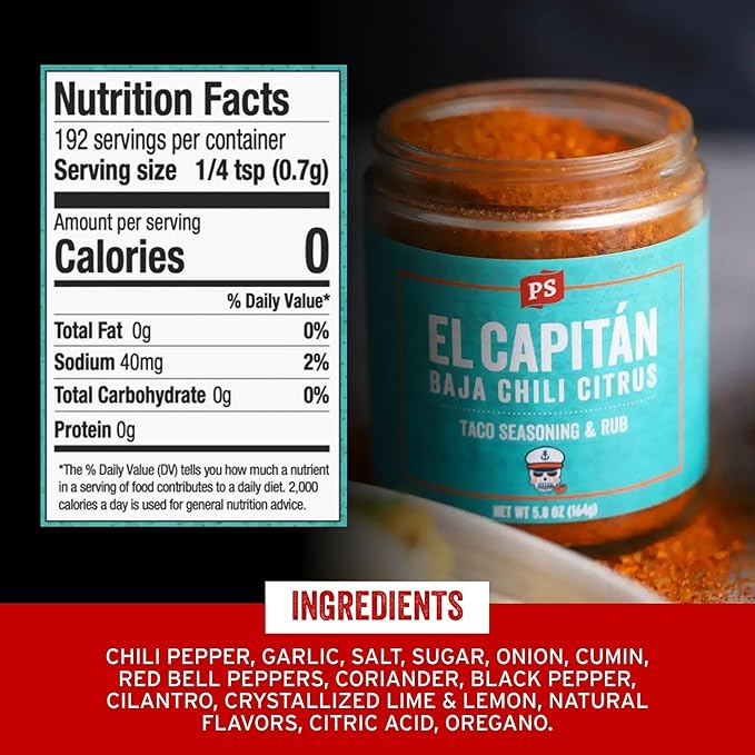 PS Seasoning El Capitan - Baja Chili Citrus Street Taco Seasoning Mix, Dry BBQ Rub for Tacos