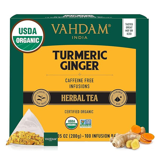 VAHDAM, Organic Turmeric Ginger Herbal Tea Bags (100 Pyramid Tea Bags) Caffeine Free, Non GMO |