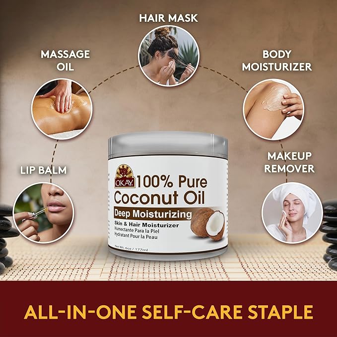 Okay 100% Pure Coconut Oil for Hair & Skin - Coconut Oil for Women & Men, Perfect for Hair & body