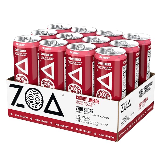 ZOA Zero Sugar Energy Drinks, Cherry Limeade - Sugar Free with Electrolytes, Healthy Vitamin C