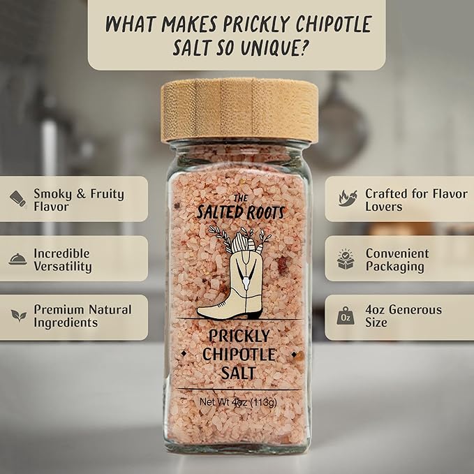 The Salted Roots - Prickly Chipotle Salt - Smoky & Fruity Seasoning - Infused with Prickly Pear