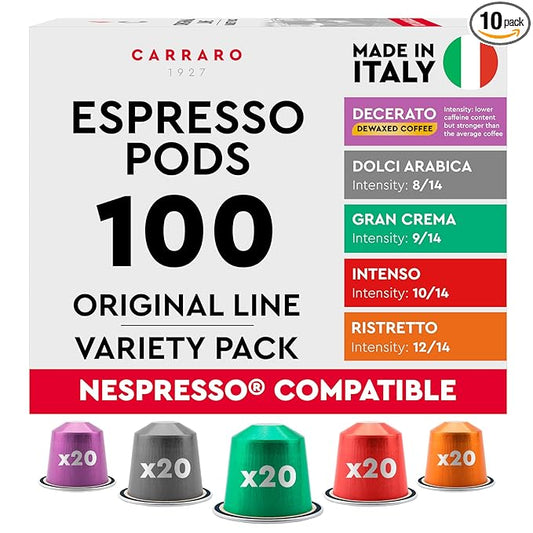 CARRARO Variety Pack - 100 Premium Espresso Pods Compatible with Nespresso Original Machines