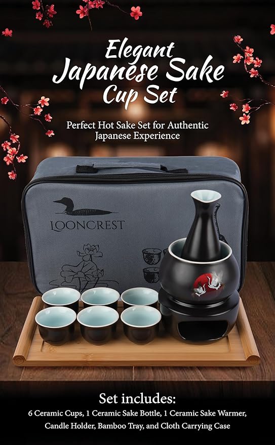Japanese Sake Cup Set with 6 Ceramic Cups, 1 Ceramic Sake Bottle, 1 Ceramic Sake Warmer, Bamboo