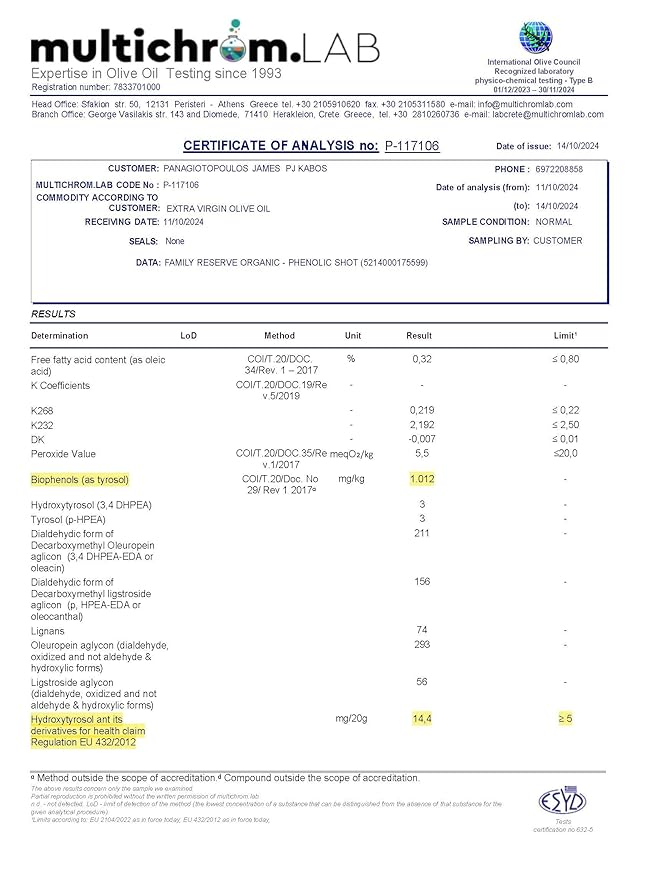 P.J. KABOS 2025/26 Harvest, Extremely High Phenolic (1000+ mg/kg), USDA Organic Greek Extra Virgin