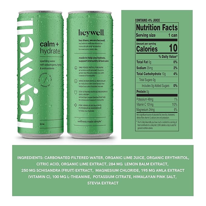 Heywell Sparkling Adaptogenic Water Calm and Restore, Lime Flavor 12 Fluid Ounce (Pack of 12) - Non