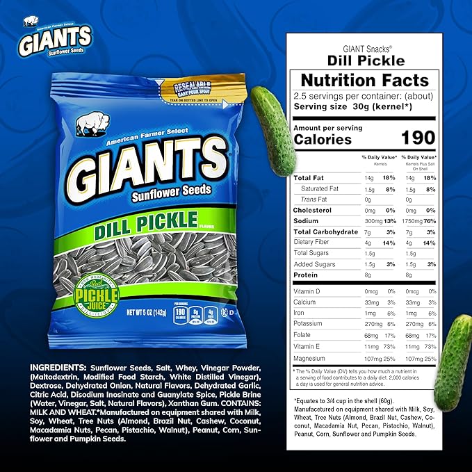 GIANTS Dill Pickle Sunflower Seeds - Sunflower Seeds Bulk, Big Sunflower Seeds to Eat, Roasted &