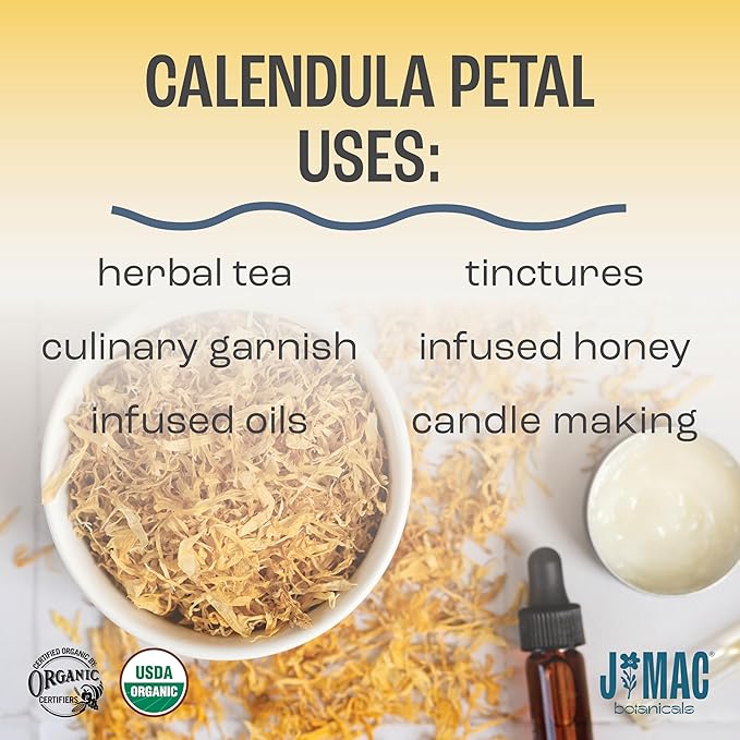 J Mac Botanicals, Organic Calendula Petals (4 oz) edible dried flowers petals, pairs well with